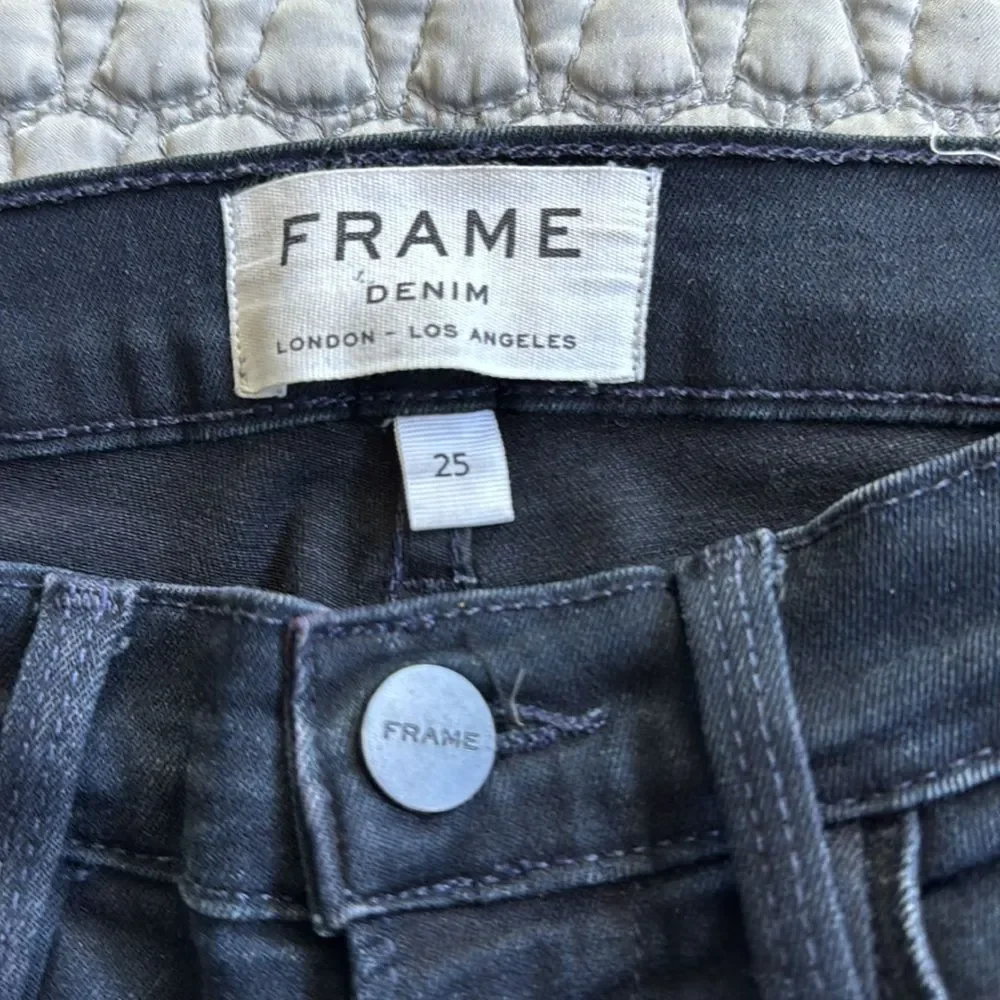 Frame Denim Le High Skinny Sterling Dark Wash Distressed Knee Jeans Sz 25